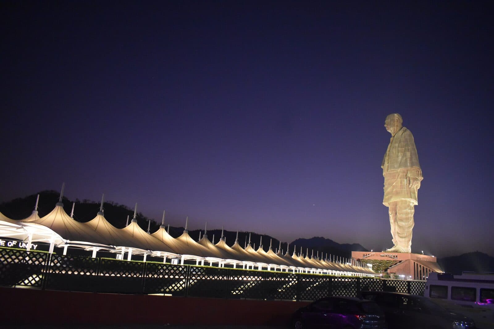 The Statue of Unity lit up at night, Kevadiya